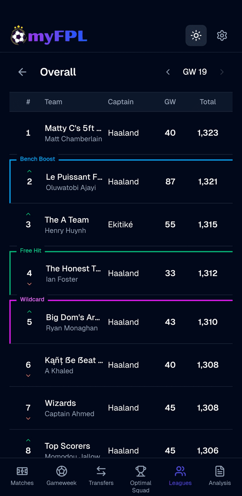 League Standings screenshot